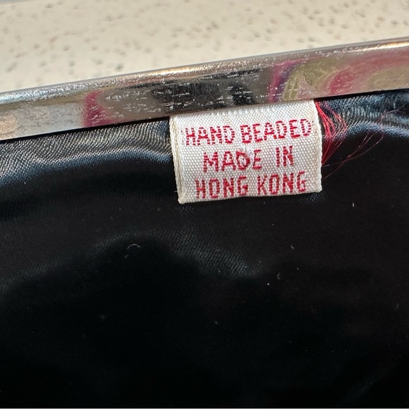 VTG Hand Beaded Hong Kong Black Bead &‎ Sequin Folding Carry Clutch Evening Bag - Picture 9 of 10